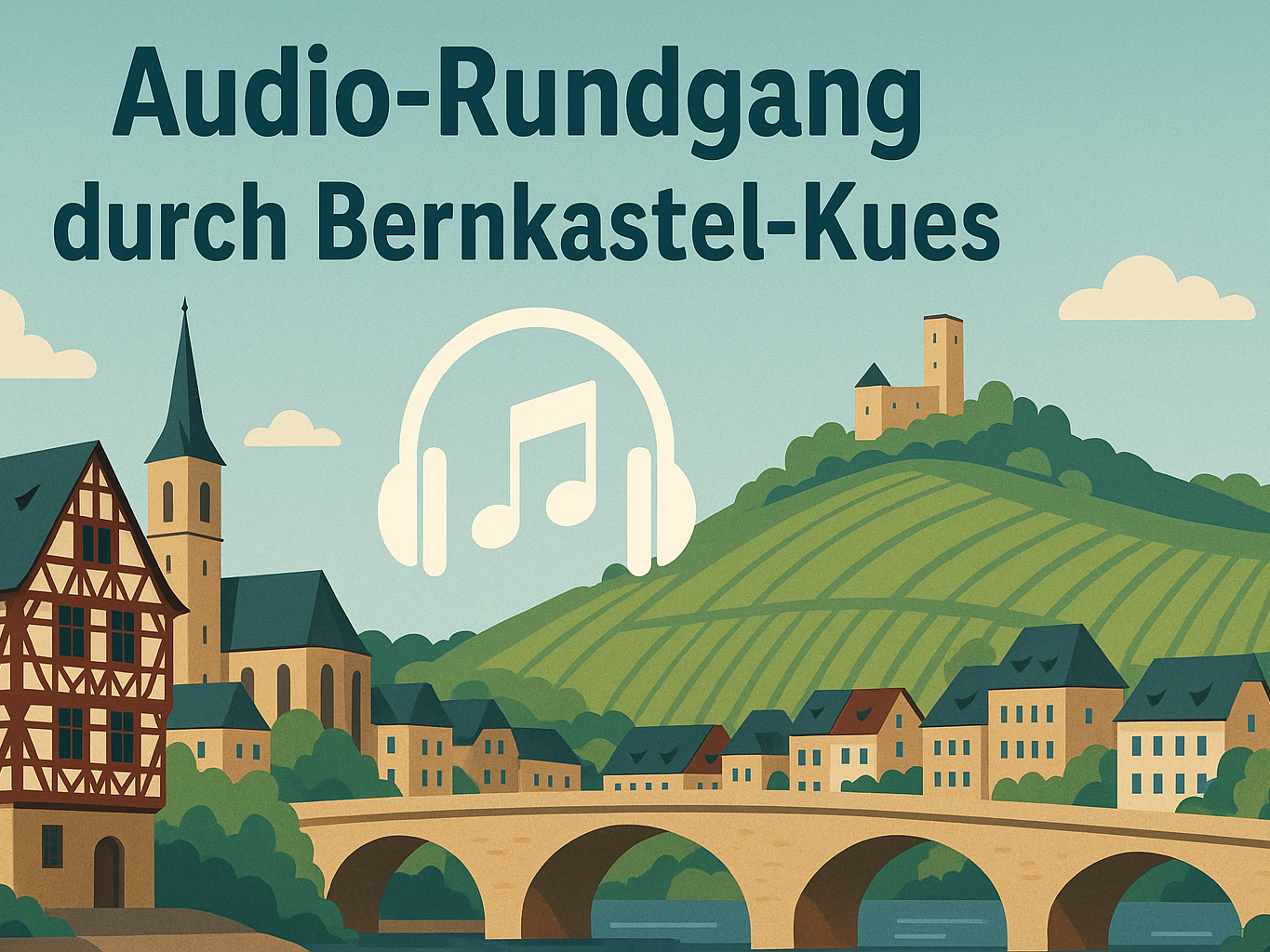 Audio-Rundgang durch Bernkastel-Kues Das Bild zeigt eine gezeichnete Ansicht von Bernkastel-Kues mit der Aufschrift "Audio-Rundgang" durch Bernkastel-Kues