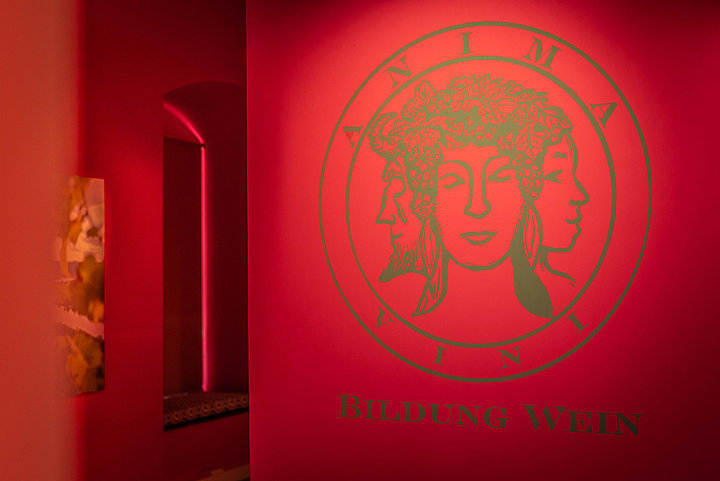 Das Bild zeigt eine rote Wand mit abstraktem Gesicht und einem Schriftzug "Bildung Wein"