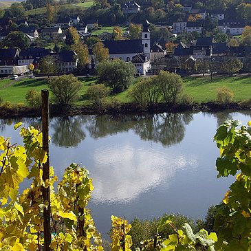 Blick auf die Mosel und die Simultankirche Brauneberg